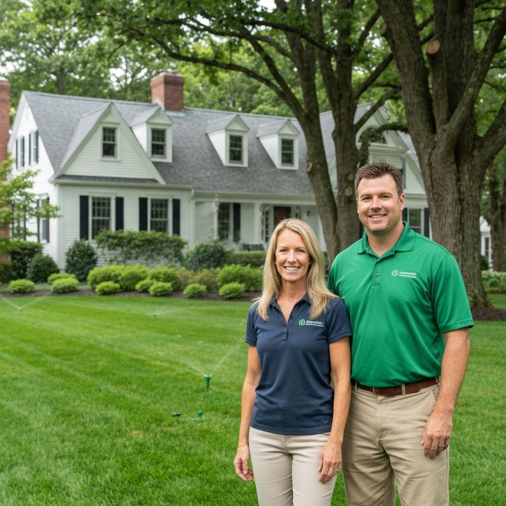 Ryan and Sarah Clark, owners of Fairway Irrigation, standing in front of a Connecticut home